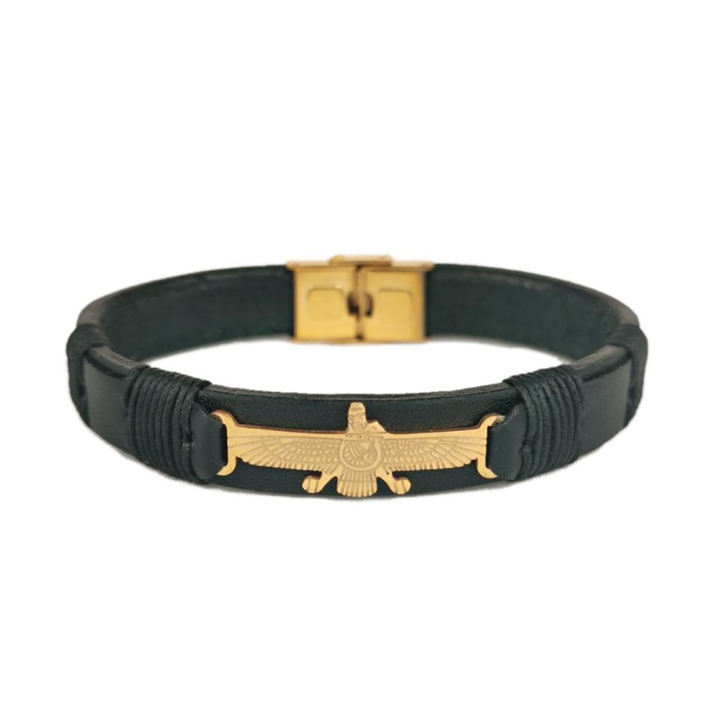 Persian Farvahar Leather Bracelet – Adjustable Stainless Steel, Iranian Gift Jewelry