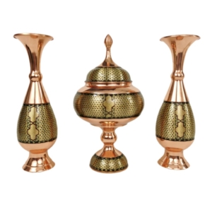 Khatam marquetry on copper bonbon dish and vase-Persis Collection