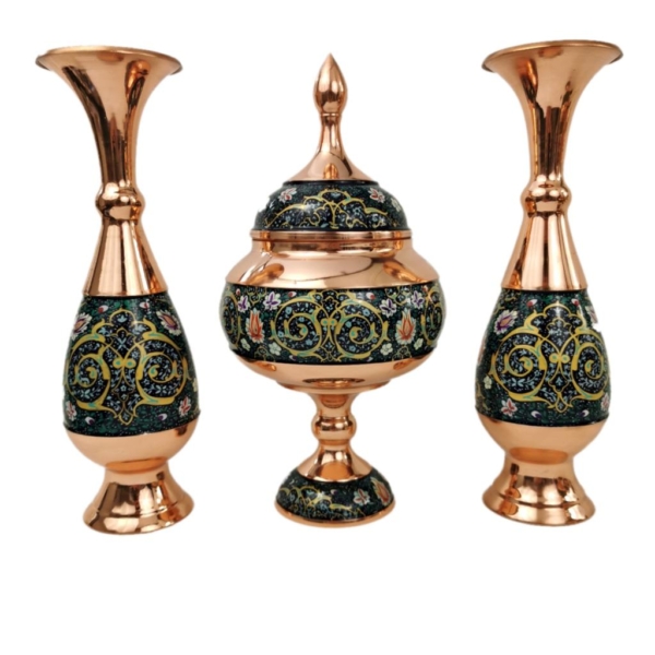 Painting on copper bonbon dish and vase set-Persis Collection
