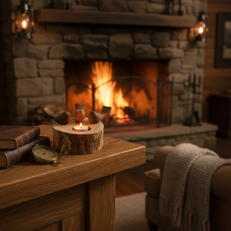 wooden Triple Bird Handmade Candle Holder with light candle