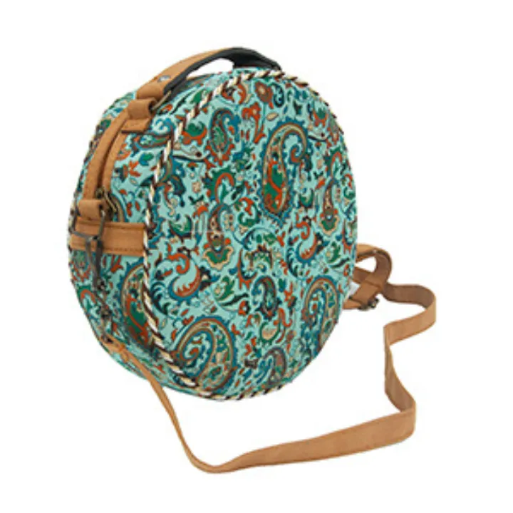 Cyan Persian Round Termeh Bag with brown strap