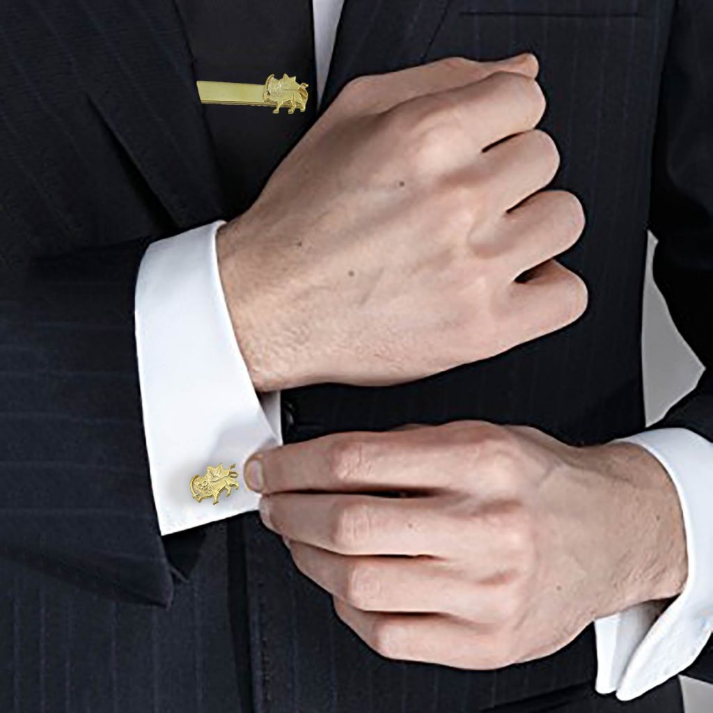 Lion And Sun Cufflinks And Tie Clip Set- Silver