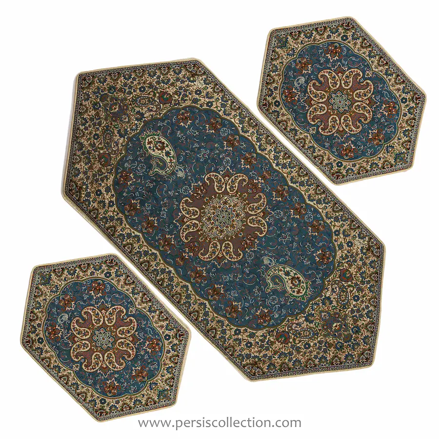 Elegant Blue Termeh Table Runner 3pcs Set