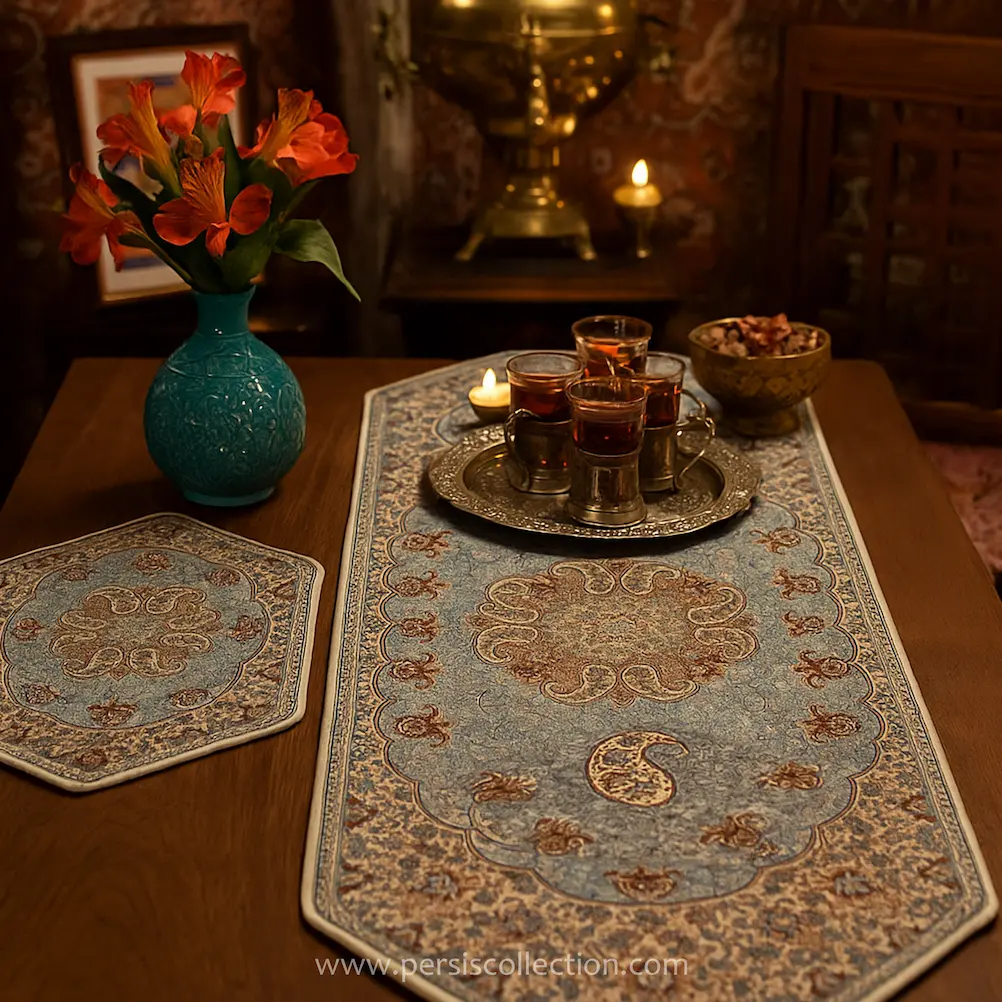 Elegant Green Termeh Table Runner 3pcs Set