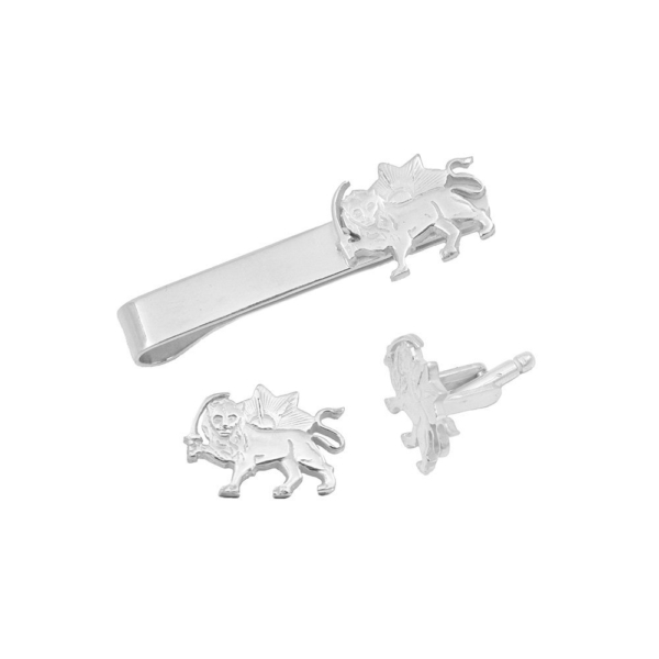 Lion And Sun Cufflinks And Tie Clip Set- Silver