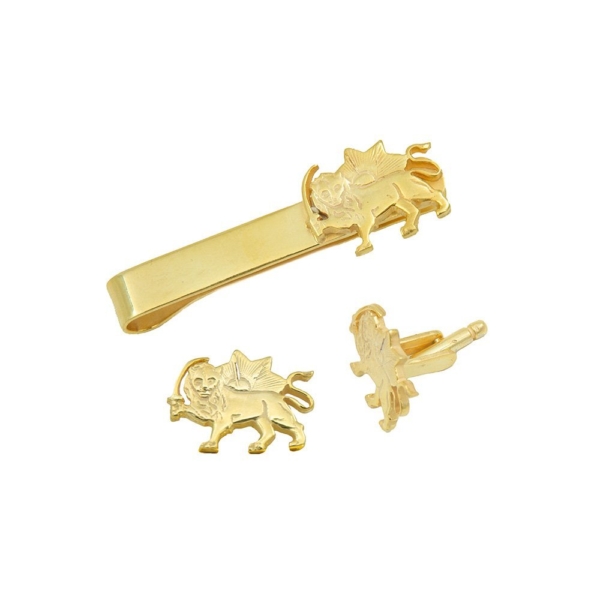 Lion and Sun Cufflinks and Tie Clip Set-Gold