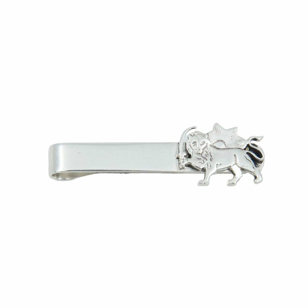 Lion and Sun silver cufflinks and tie clip set photographed front view