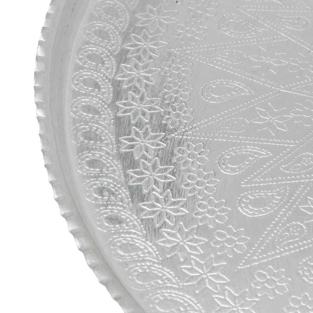 Elegant artisan Ghalamzani silver copper tray side angle detailed photo