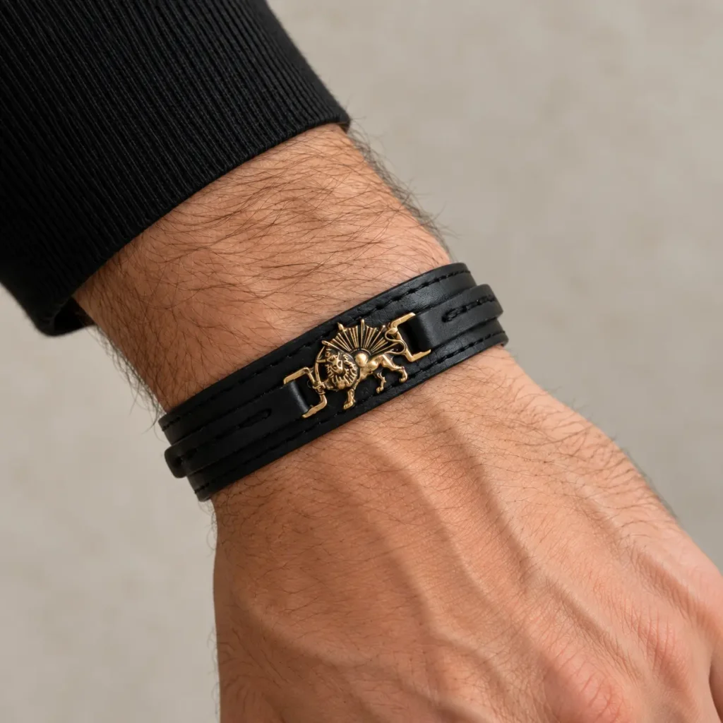Lion and Sun, Gold Plated Leather Bracelet