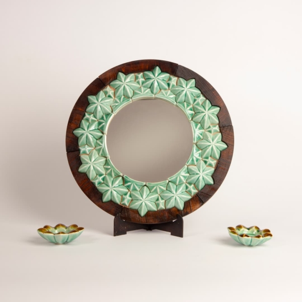 Elegant Emerald Ceramic Mirror and Candle Set