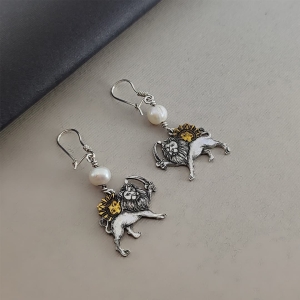 Lion and Sun Pearl Earrings