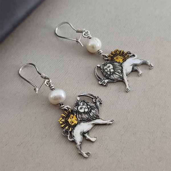 Lion and Sun Pearl Earrings