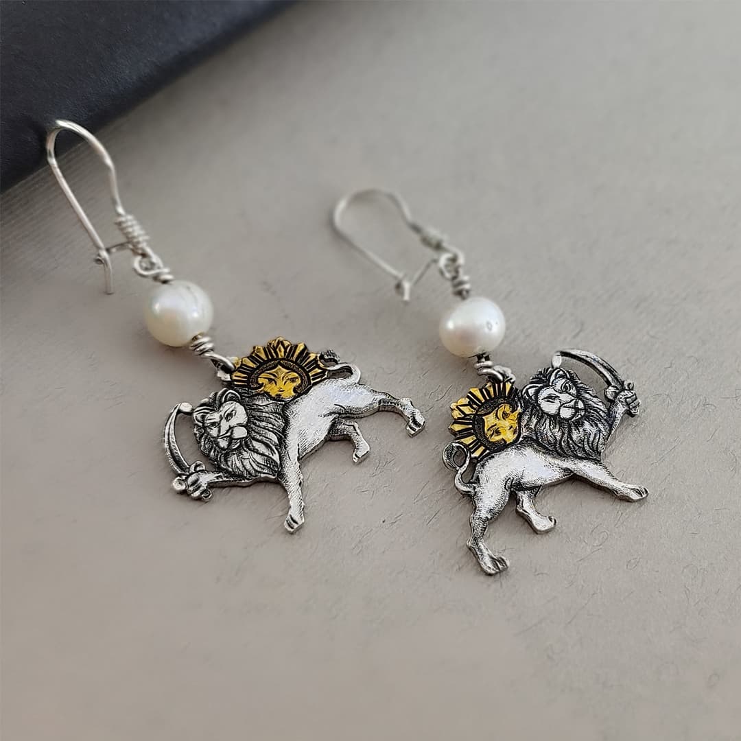 Lion and Sun Pearl Earrings