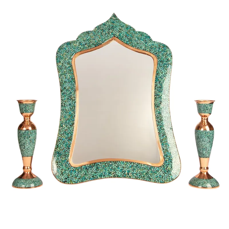 Firoozeh Koobi Turquoise on Copper Mirror and Candlesticks