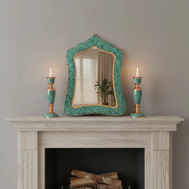 Firoozeh Koobi Turquoise on Copper Mirror and Candlesticks