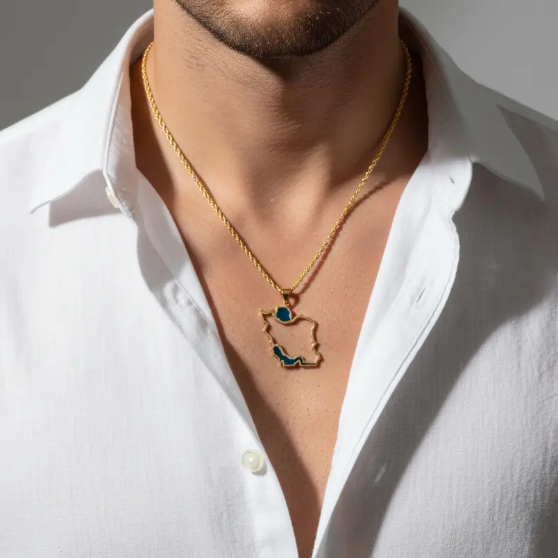 Persian 18K Gold Large Iran Map Pendant Necklace