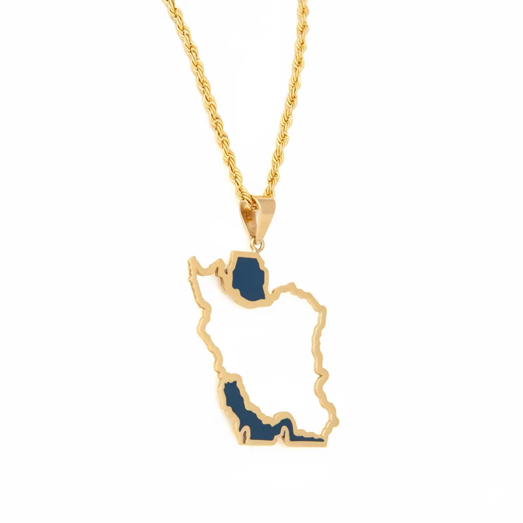 Persian 18K Gold Large Iran Map Pendant Necklace