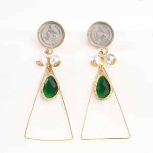 Green Emerald One-Rial Coin Earrings