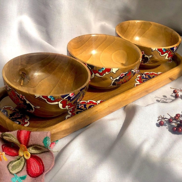Tazhib Treasures Wooden Trio Bowl Tray