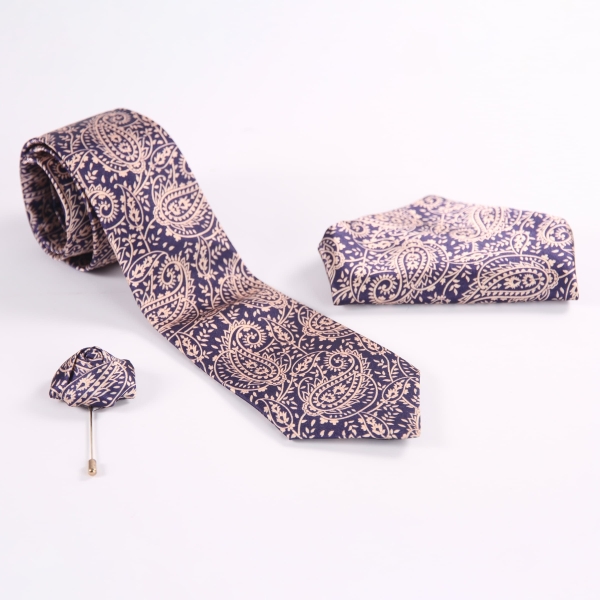 Persian Golden Toranj Navy Satin Tie Set