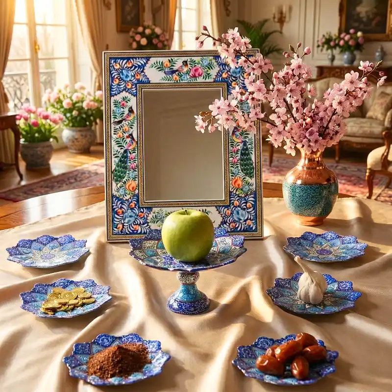 Minakari Haft Sin Set and Floral Khatam Kari Mirror