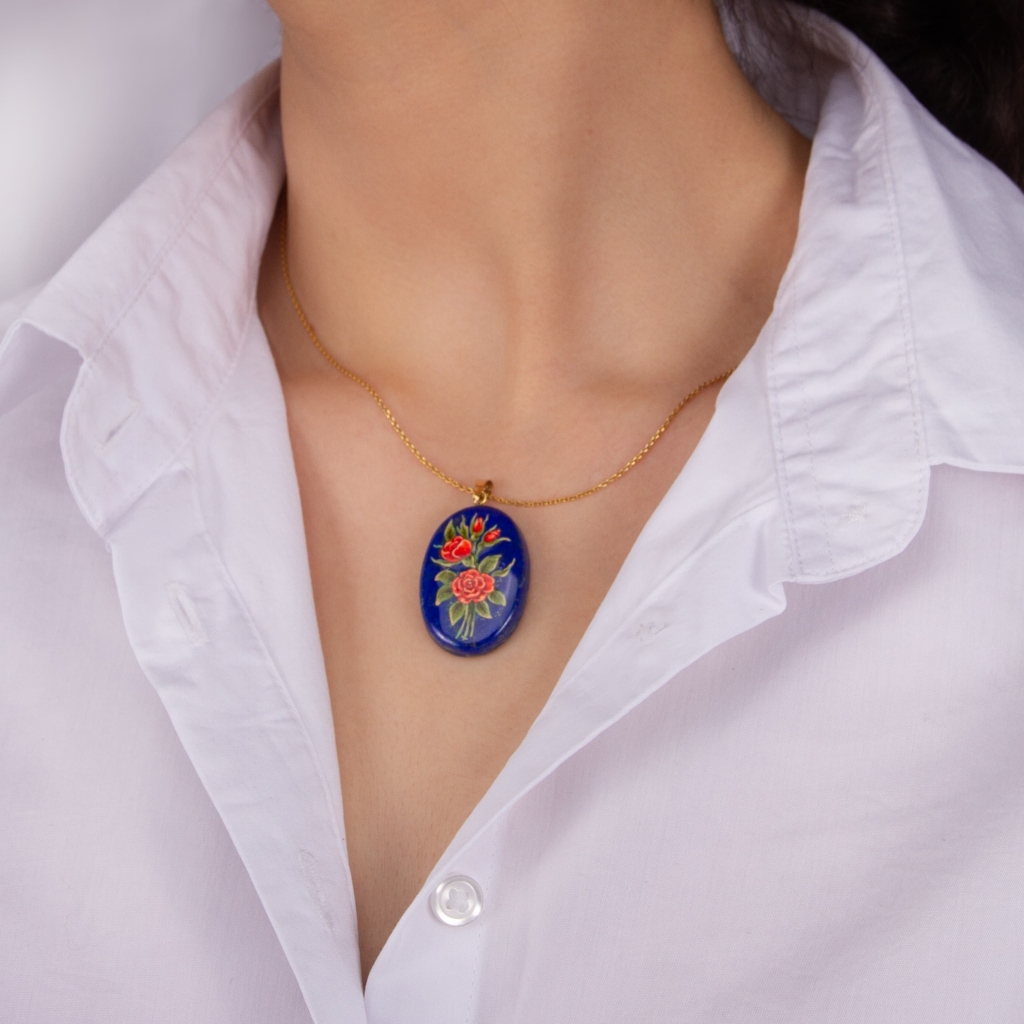 18K Gold Lapis Pendant - Persian Hand-printed Pendant