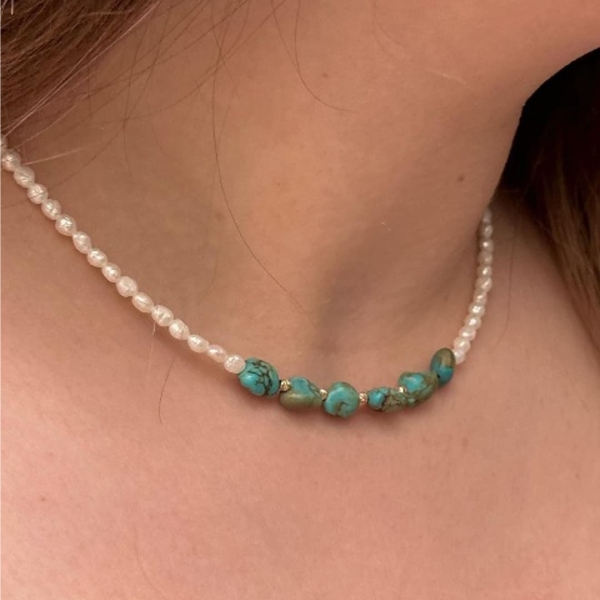 18K Gold Turquoise Pearl Choker