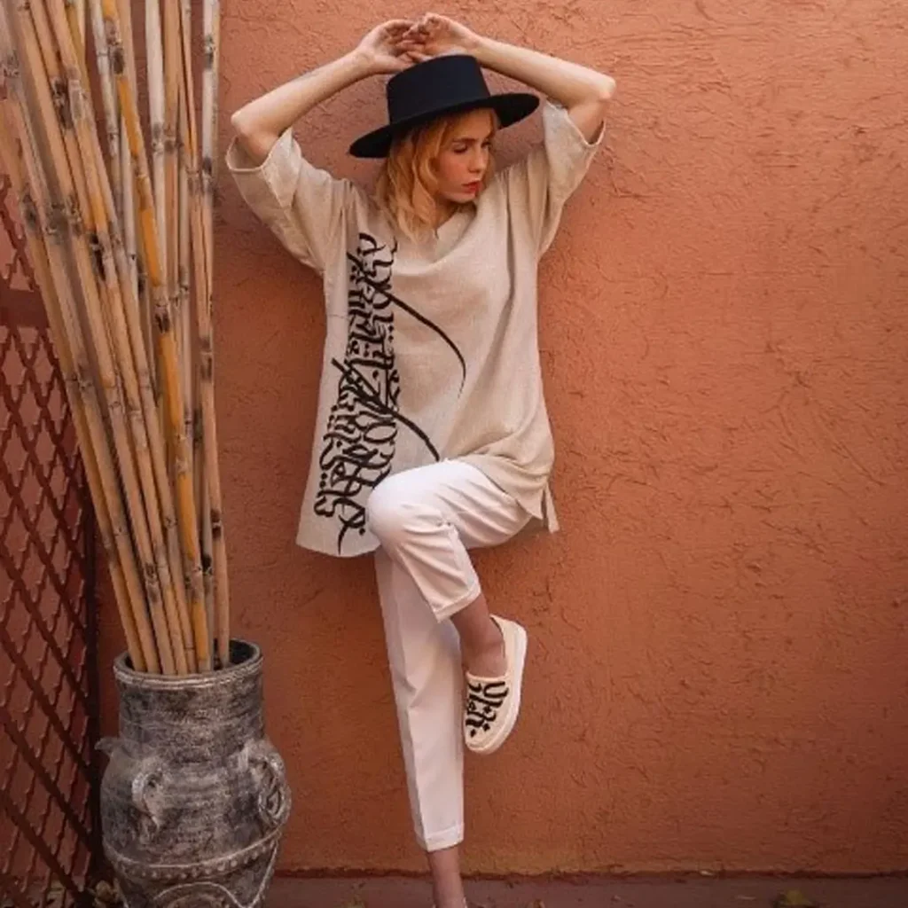 Elegant Calligraphy Cotton Blouse - Women's Cotton Tunic