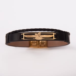 Faravahar 18K Gold Bracelet for Men, Black Leather