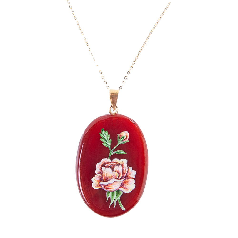 Hand-Painted18K Gold Rose Agate Pendant