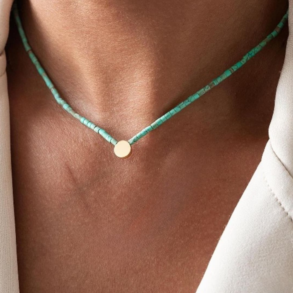 18K Gold Turquoise Circle Choker Necklace
