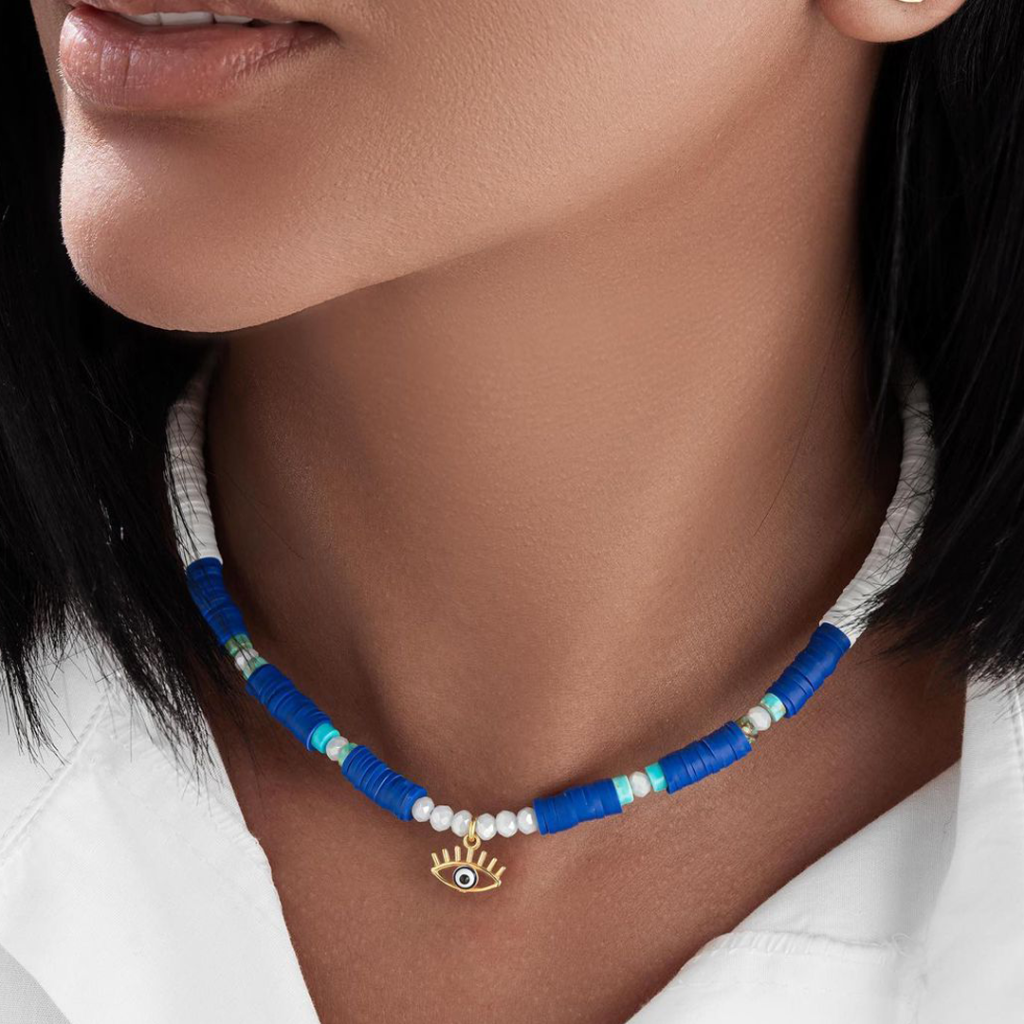 Gold and Pearl Evil Eye Necklace - Persian Gold Choker Necklace