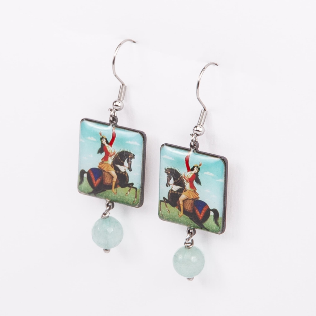 Handcrafted Persian Tile Earrings - Horse Rider Design, Moisture Resistant