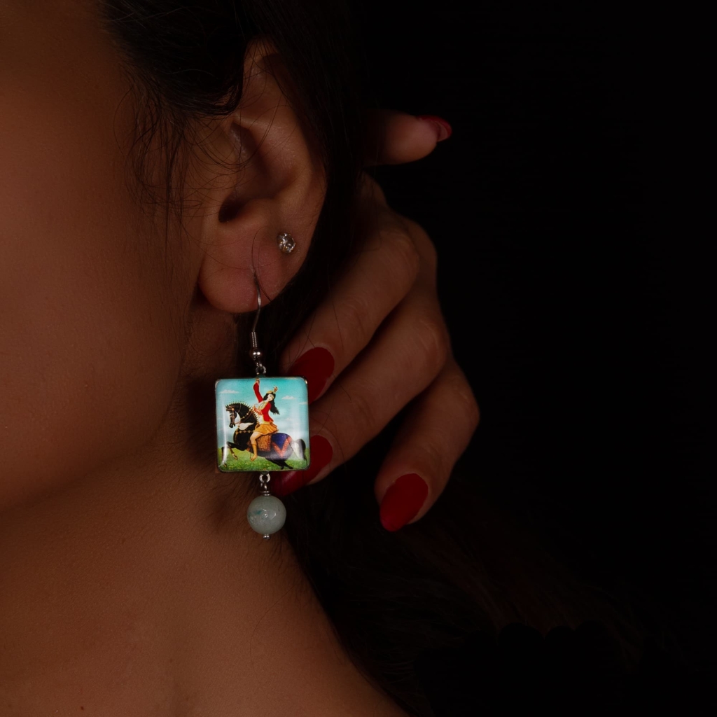 Handcrafted Persian Tile Earrings - Horse Rider Design, Moisture Resistant