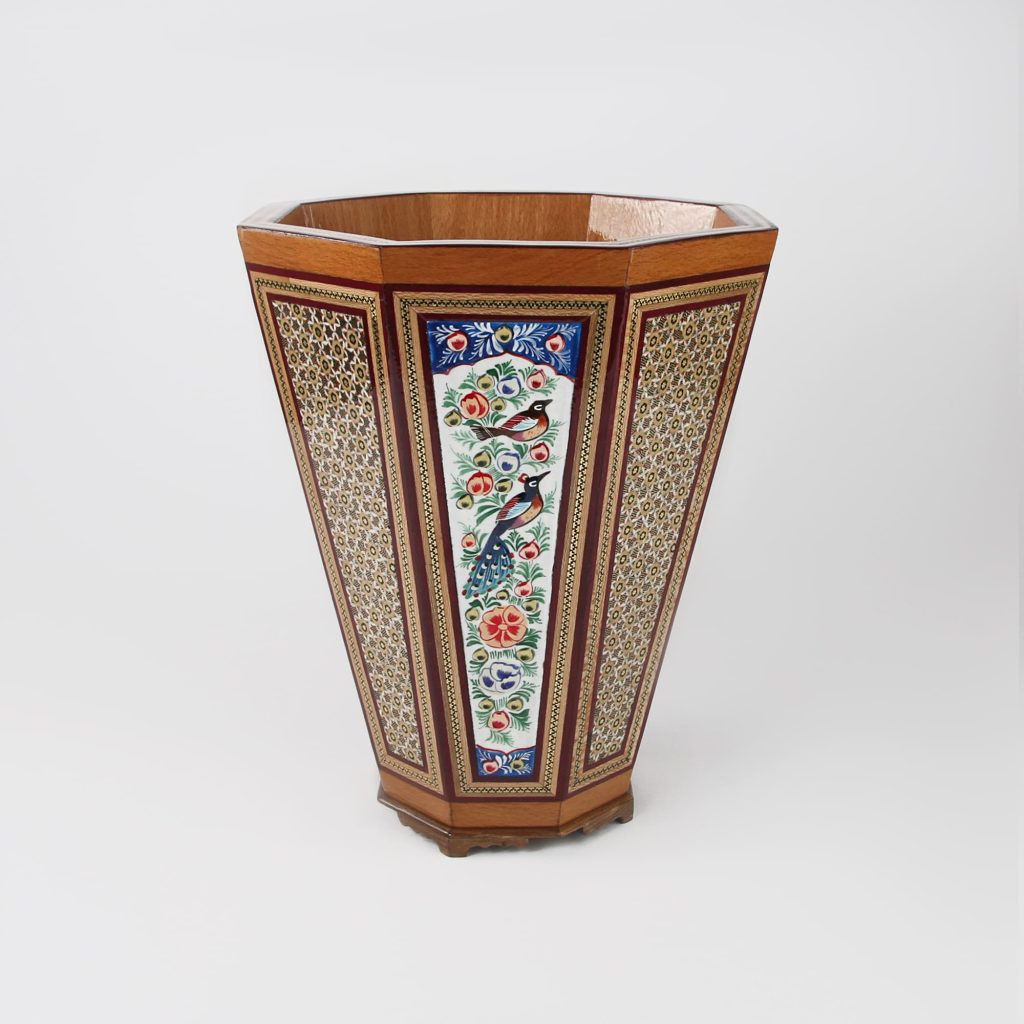 Persian Miniature Hand-Painted Bin - Khātamkari Floral Design with Copper Inlays