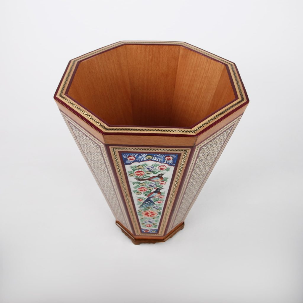 Persian Miniature Hand-Painted Bin - Khātamkari Floral Design with Copper Inlays