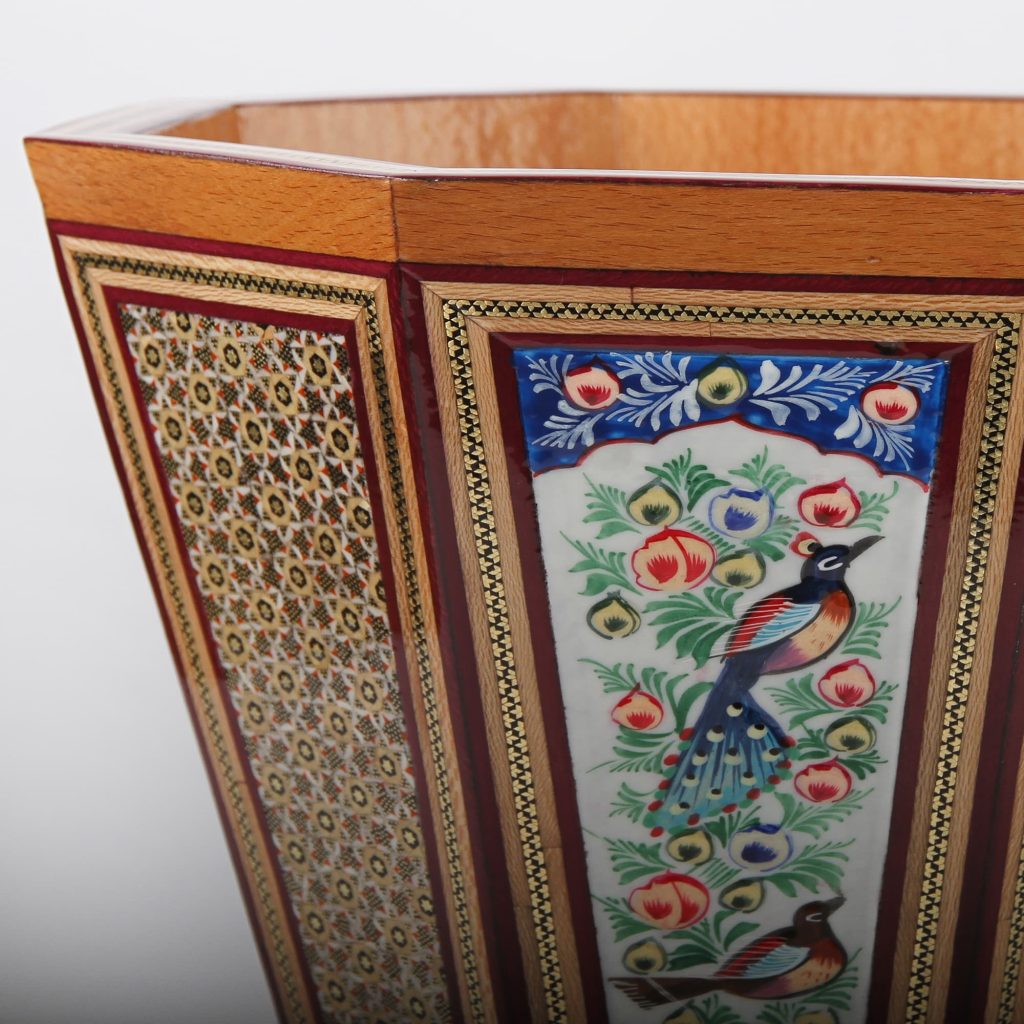 Persian Miniature Hand-Painted Bin - Khātamkari Floral Design with Copper Inlays