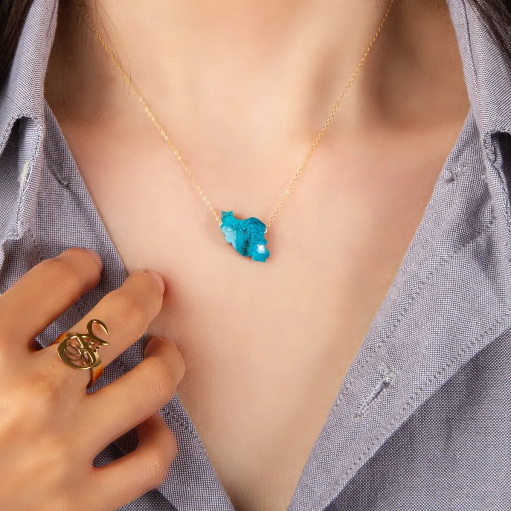 Persian Turquoise Necklace - Iran's Map, 18K Gold & Kerman Stone