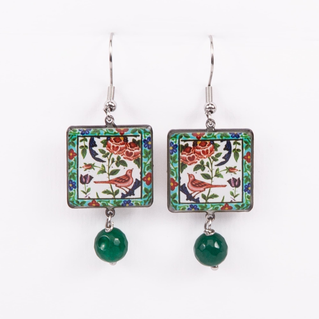 Square Persian Tile Earrings - Bird Motif, Stainless Steel & Resin