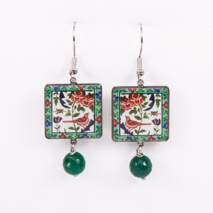 Square Persian Tile Earrings - Bird Motif, Stainless Steel & Resin