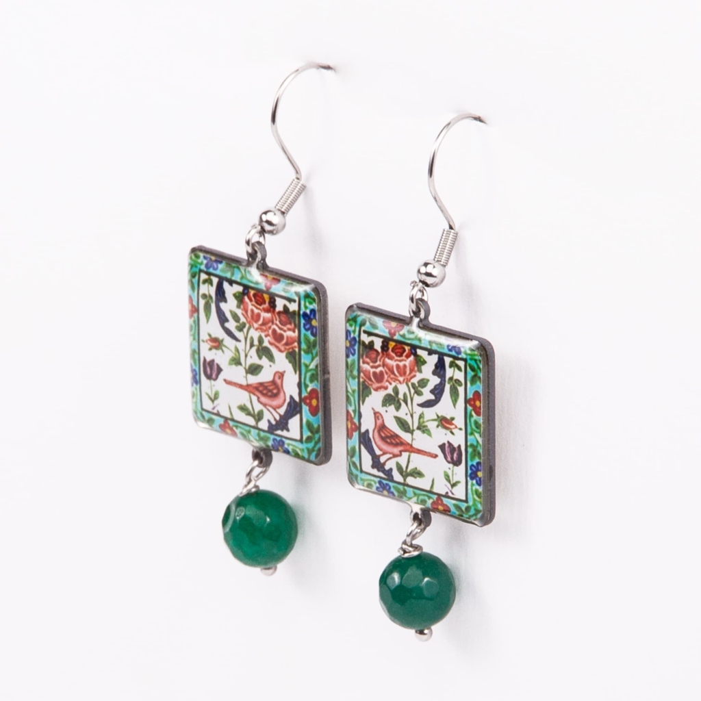 Square Persian Tile Earrings - Bird Motif, Stainless Steel & Resin