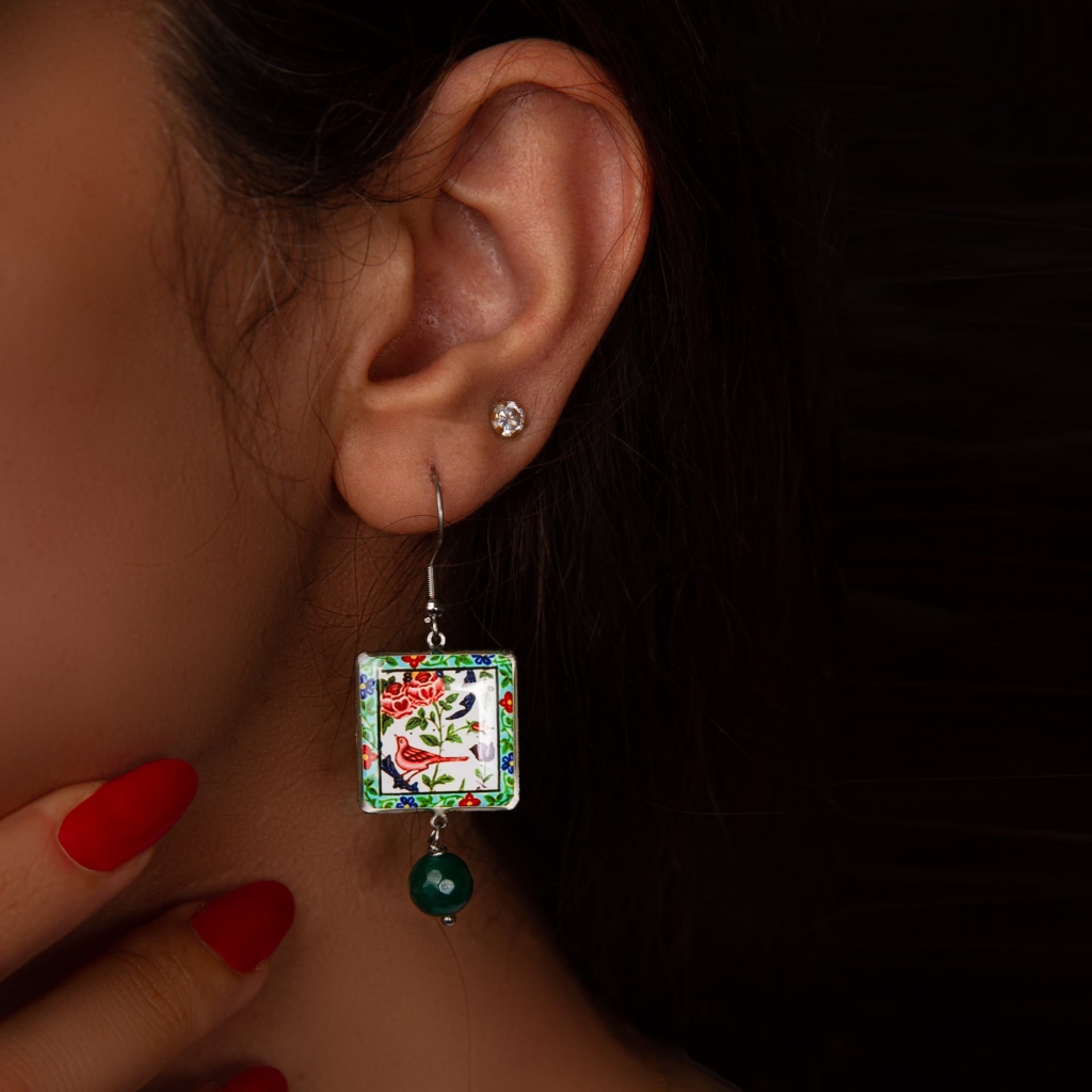 Square Persian Tile Earrings - Bird Motif, Stainless Steel & Resin