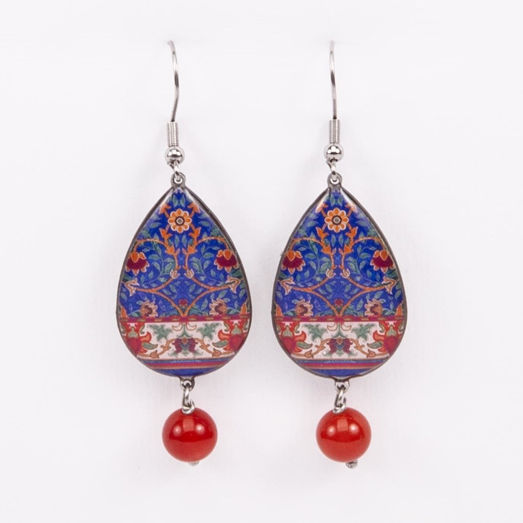 Teardrop Persian Tile Earrings - Flower and Leaf Design, Durable Stainless Steel and Resin
