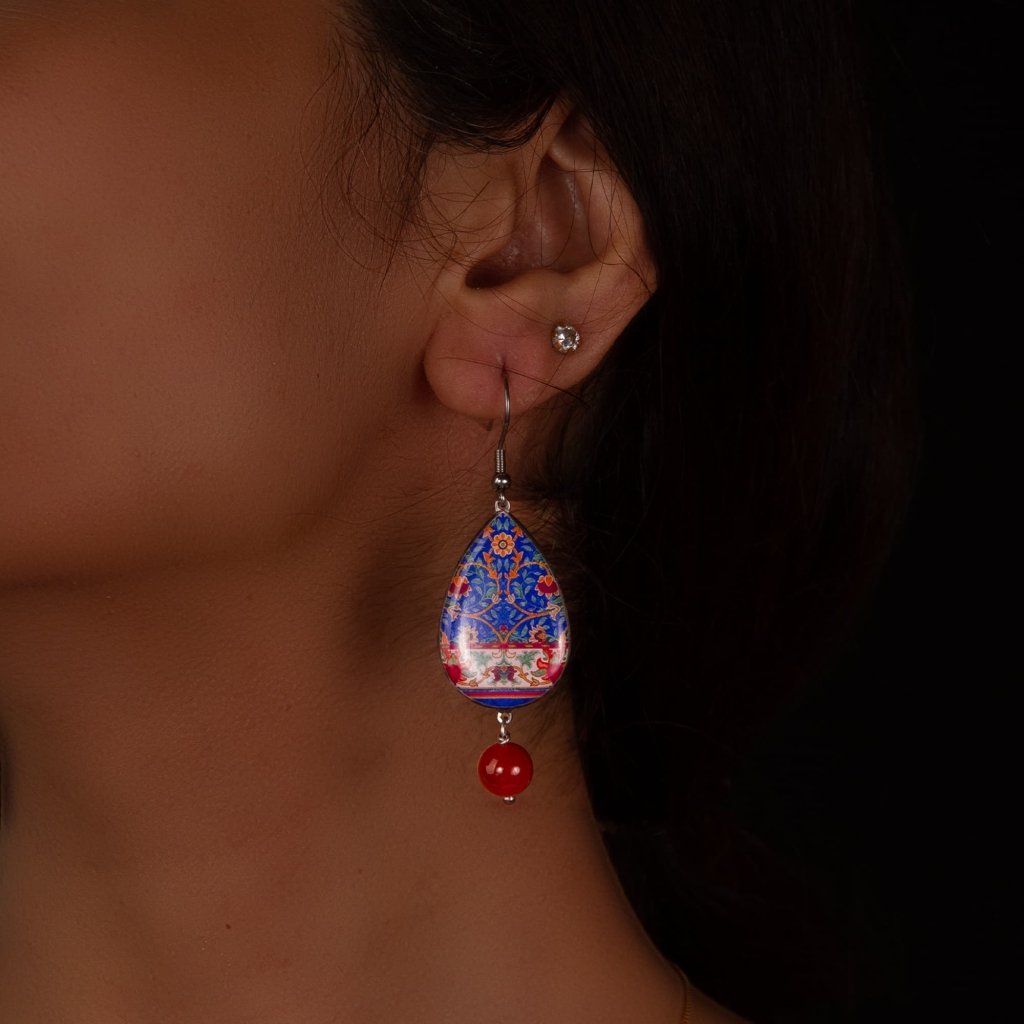 Teardrop Persian Tile Earrings - Flower and Leaf Design, Durable Stainless Steel and Resin