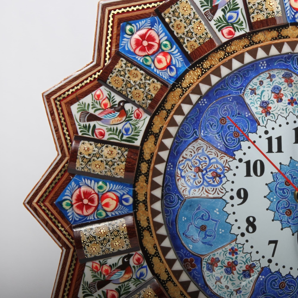 Traditional Persian Khātamkari Wall Clock - Hand-Painted Floral and Bird Design