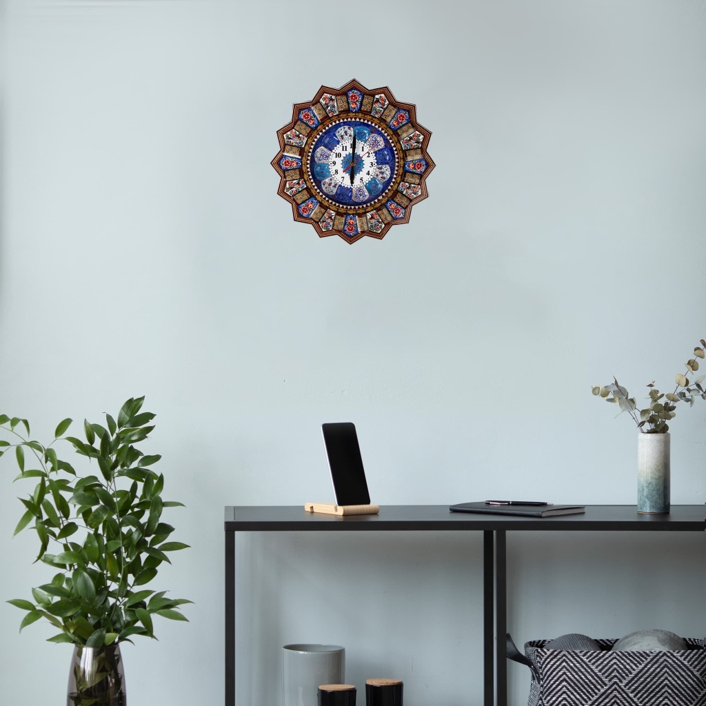 Traditional Persian Khatamkari Wall Clock - Hand-Painted Floral and Bird Design