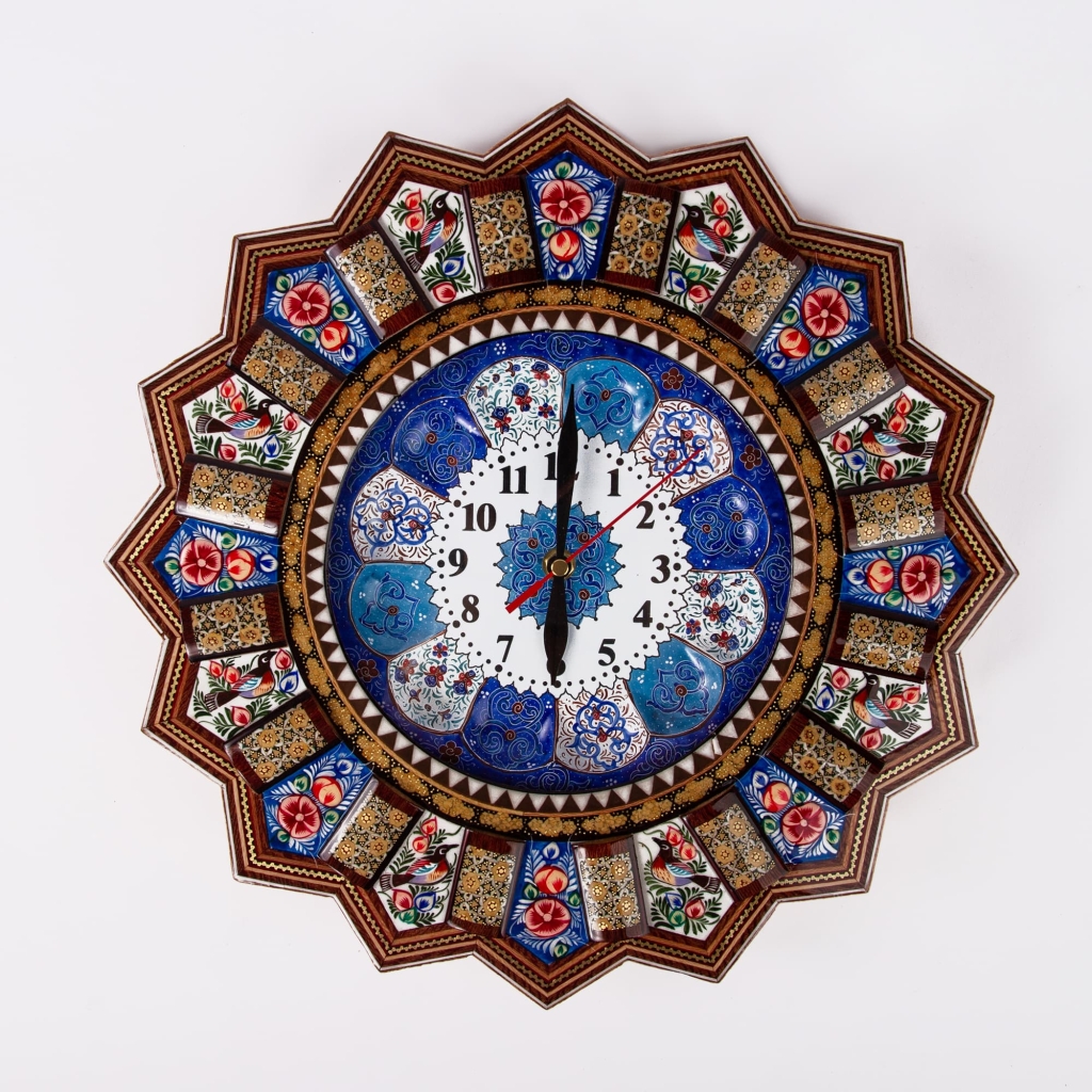 Traditional Persian Khātamkari Wall Clock - minakari
