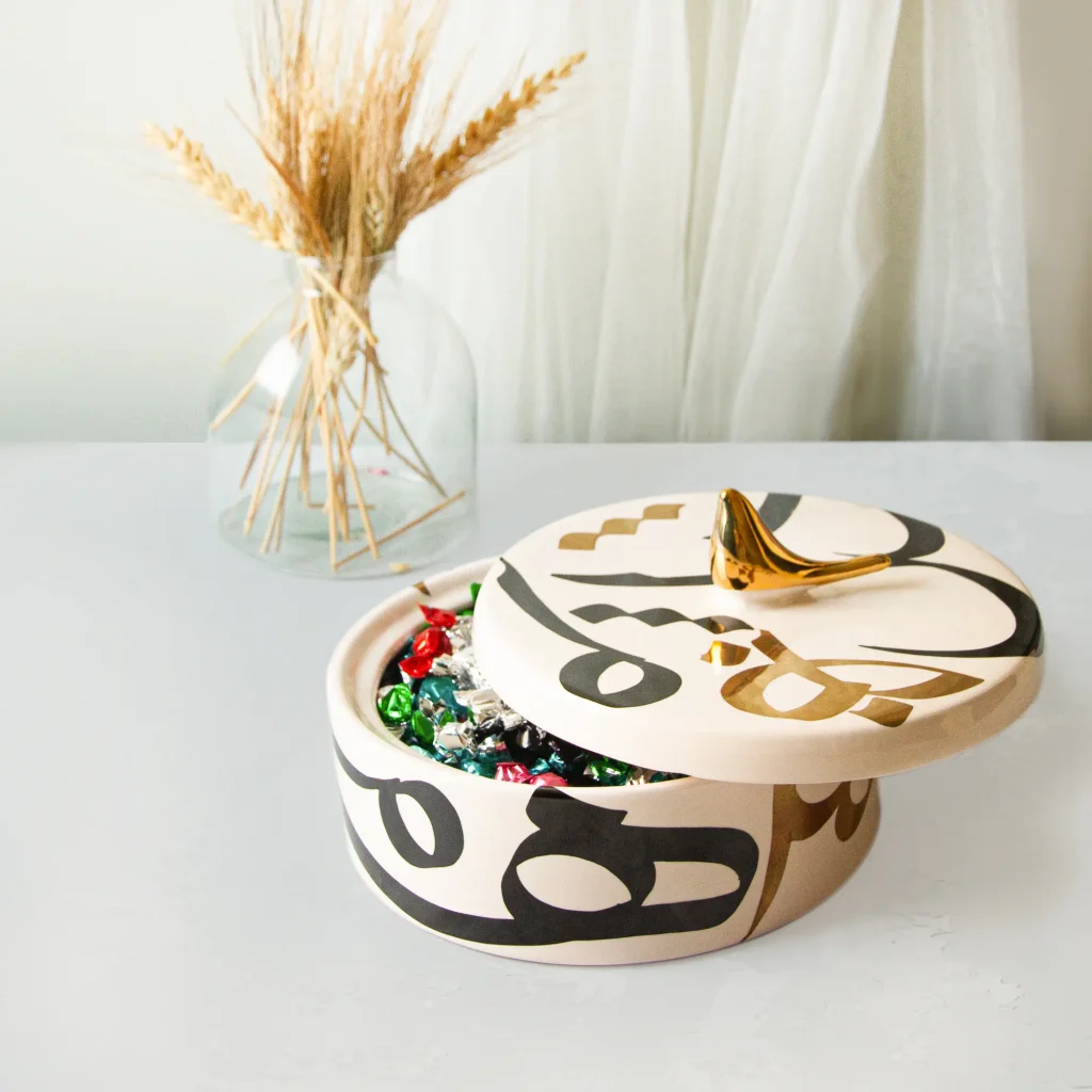 Typographic Ceramic Round Dish - Under-Glaze Painted Ceramic Candy Dish