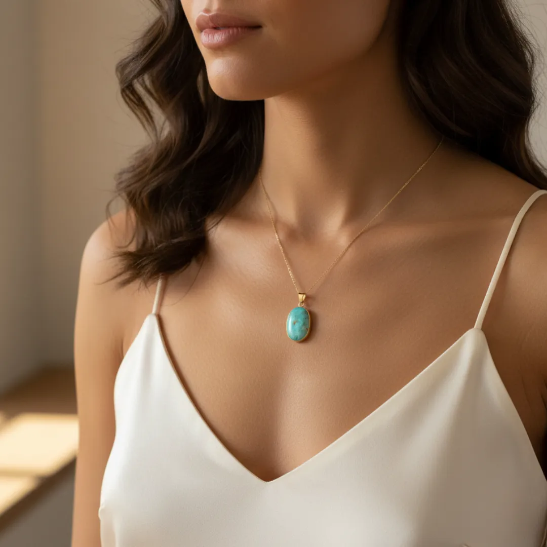 Luxury 18K Gold and Neshabur Turquoise Pendant Necklace