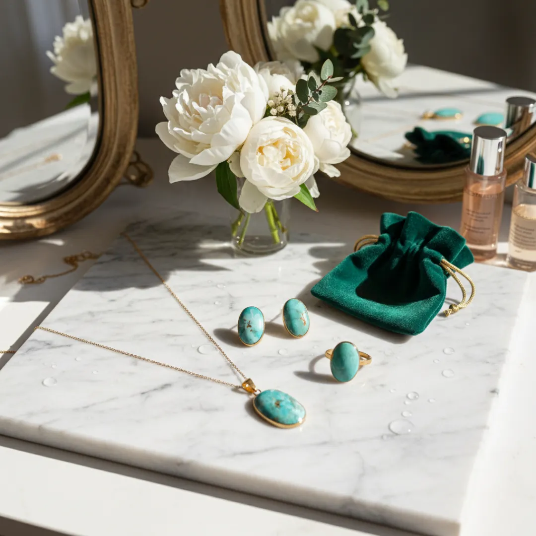 Luxury 18K Gold and Neshabur Turquoise Set - Ring, Pendant and Earrings